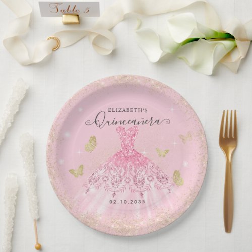 Elegant Blush Pink Gold Glitter Gown Quinceaera Paper Plates