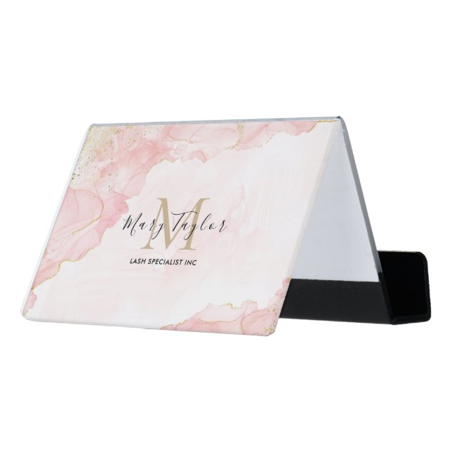 Elegant Blush Pink Gold Glitter Marble  Desk Business Card Holder (Angled Back)