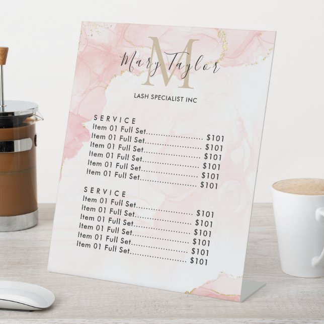 Elegant Blush Pink Gold Glitter Marble Pedestal Sign (In SItu)