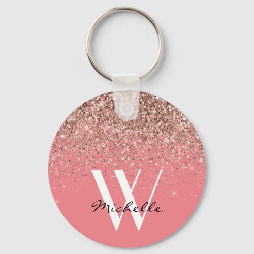 Elegant Blush Pink Gold Glitter Monogram Name Keychain
