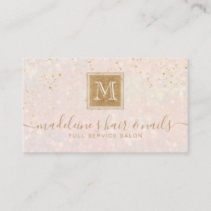 Elegant Blush Pink Gold Glitter Monogram Salon Business Card