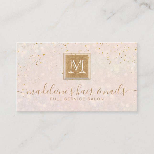 Elegant Blush Pink Gold Glitter Monogram Salon Business Card (Front)