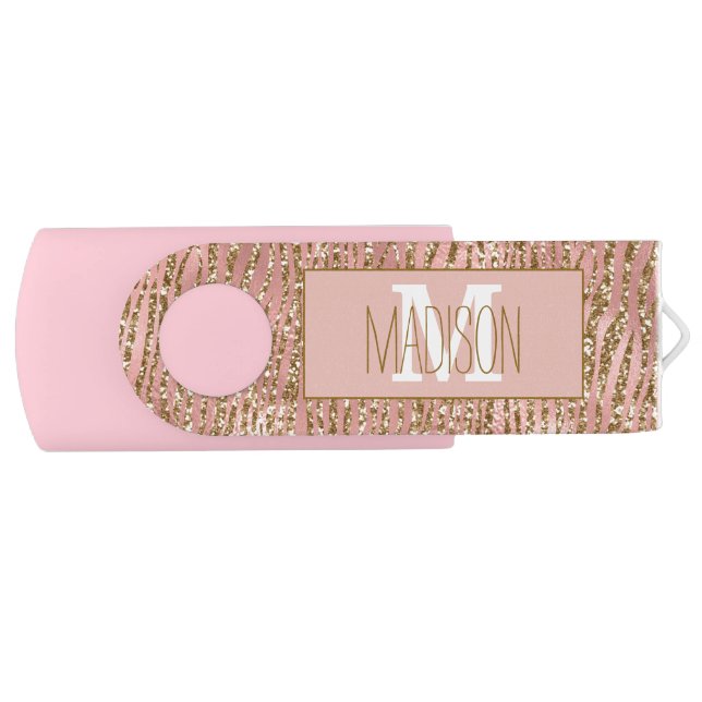Elegant Blush Pink Gold Glitter Striped Monogram Flash Drive (Front)