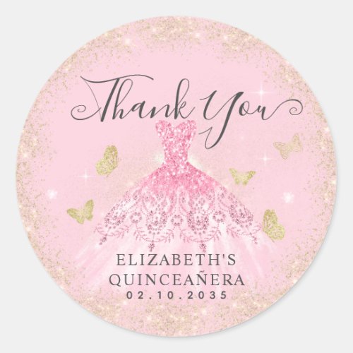 Elegant Blush Pink Gold Gown Quinceaera Thank You Classic Round Sticker