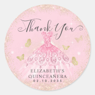 Elegant Blush Pink Gold Gown Quinceañera Thank You Classic Round Sticker