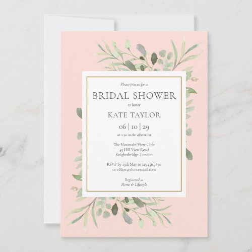 Elegant Blush Pink Gold Greenery Bridal Shower Invitation - Featuring delicate watercolor greenery leaves on a blush pink background, this chic bridal shower invitation can be personalized with your special bridal shower information. Designed by Thisisnotme©