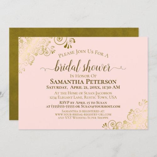 Elegant Blush Pink  Gold Lace Bridal Shower Invitation