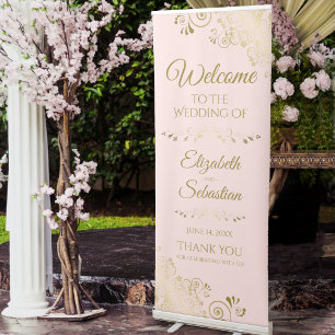 Elegant Blush Pink & Gold Lacy Wedding Welcome Retractable Banner