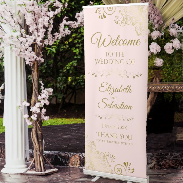 Elegant Blush Pink & Gold Lacy Wedding Welcome Retractable Banner (Creator Uploaded)
