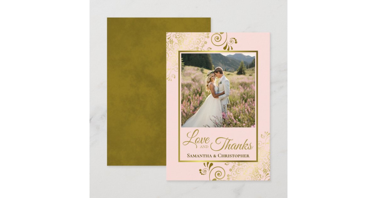 Elegant Blush Pink & Gold Love & Thanks Wedding Thank You Card | Zazzle