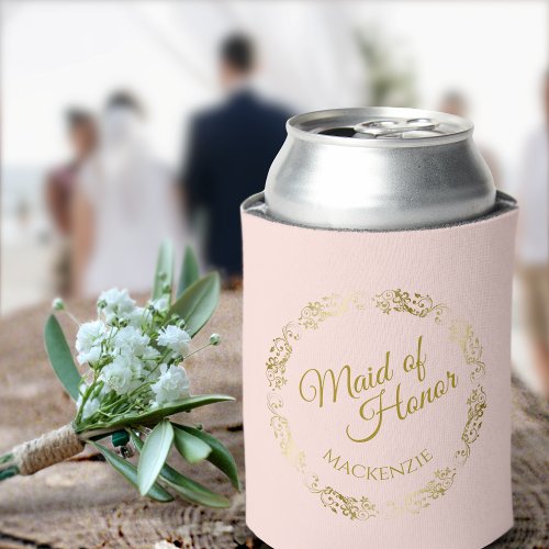 Elegant Blush Pink  Gold Maid of Honor Wedding Can Cooler