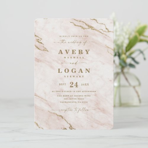 Elegant Blush Pink  Gold Metallic Marble Wedding Invitation
