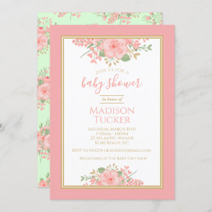Elegant Blush Pink Gold Mint Floral Baby Shower Invitation