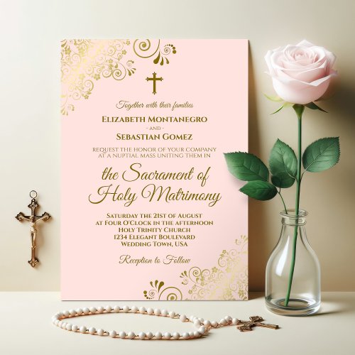 Elegant Blush Pink  Gold Modern Catholic Wedding Invitation