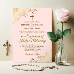 Elegant Blush Pink & Gold Modern Catholic Wedding Invitation
