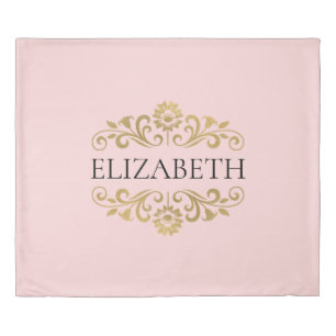 Elegant Blush Pink Gold Monogram Name Duvet Cover