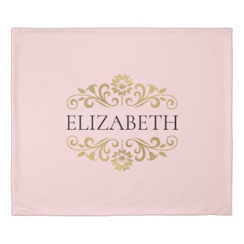 Elegant Blush Pink Gold Monogram Name Duvet Cover