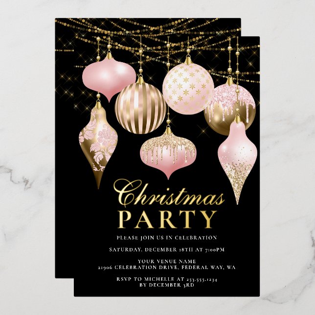 Elegant Blush Pink Gold Ornaments Christmas Party  Foil Invitation (Front/Back)