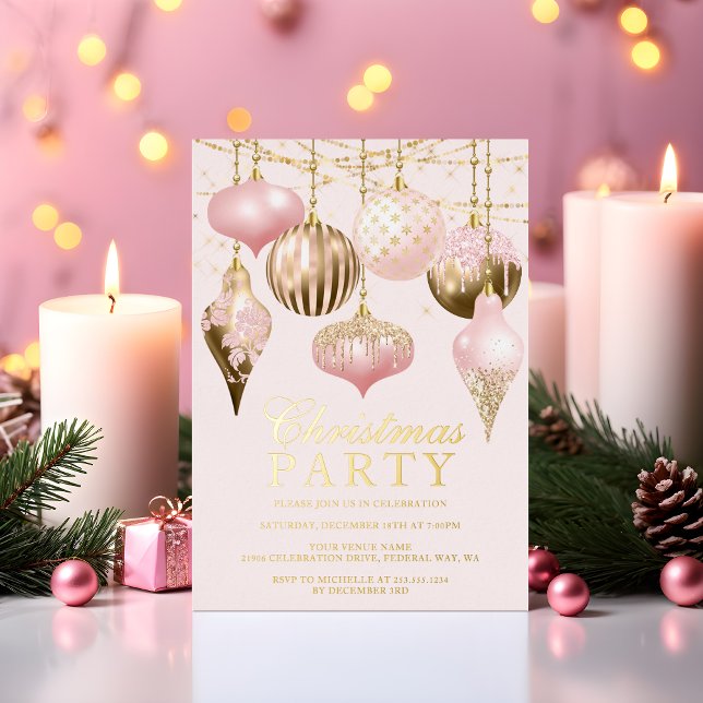 Elegant Blush Pink Gold Ornaments Christmas Party  Foil Invitation (Elegant Blush Pink Gold Ornaments Christmas Party Foil Invitation)