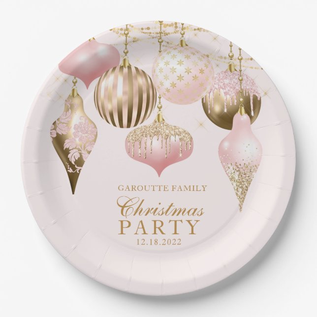 Elegant Blush Pink Gold Ornaments Christmas Party Paper Plates (Front)