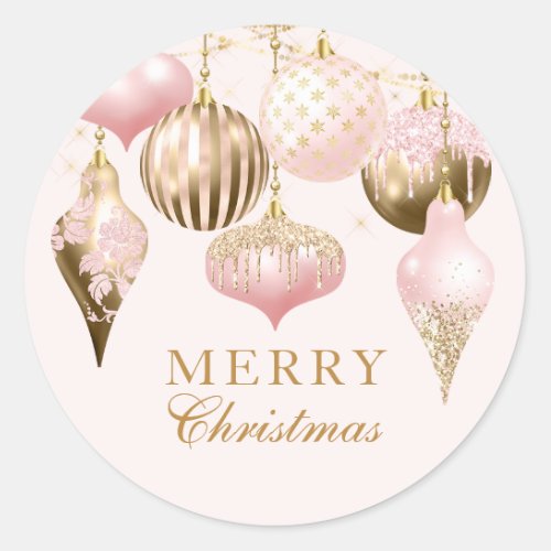 Elegant Blush Pink Gold Ornaments Merry Christmas Classic Round Sticker