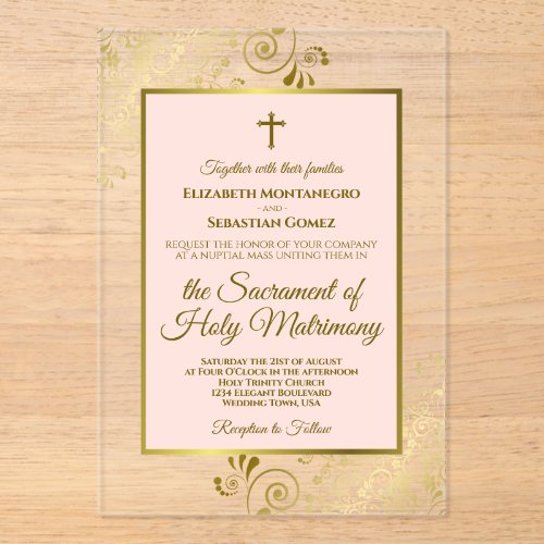 Elegant Blush Pink &amp; Gold Ornate Catholic Wedding Acrylic Invitations