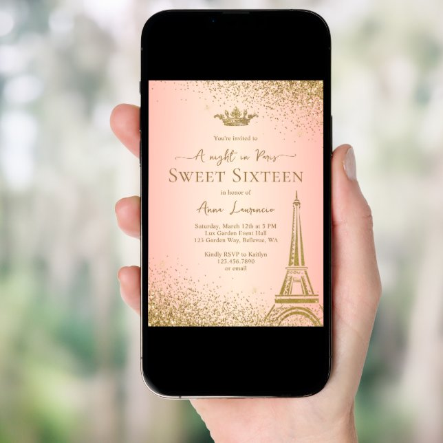 Elegant Blush Pink Gold Paris Night Theme Sweet 16 Invitation (Front Digital)