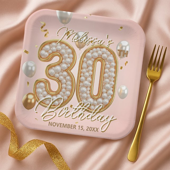 Elegant Blush Pink Gold Pearl Mosaic 30th Birthday Paper Plates (Creator Uploaded)