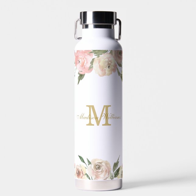 Elegant Blush Pink Gold Peony Floral Personalized Water Bottle (Front)