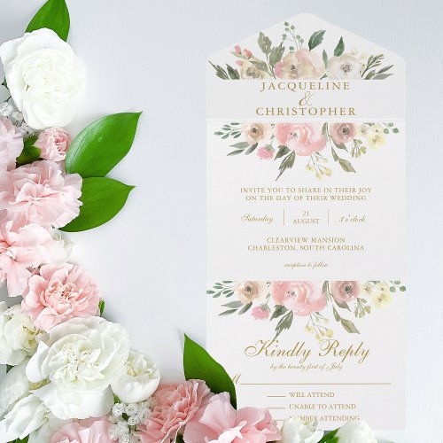 Elegant Blush Pink Gold Peony Floral Wedding All In One Invitation