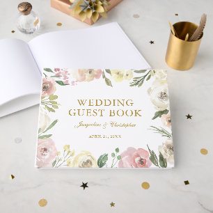 Elegant Blush Pink Gold Peony Floral Wedding Guest Book
