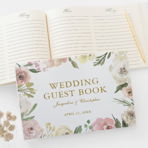 Elegant Blush Pink Gold Peony Floral Wedding Guest Book