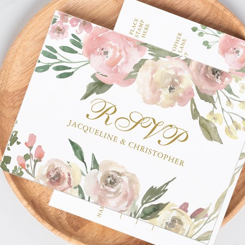 Elegant Blush Pink Gold Peony Floral Wedding RSVP Postcard
