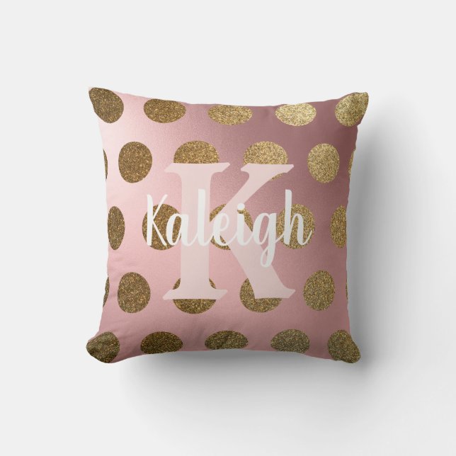 Elegant  Blush Pink Gold Polka Dot Monogram Name Throw Pillow (Front)