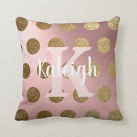 Elegant  Blush Pink Gold Polka Dot Monogram Name Throw Pillow