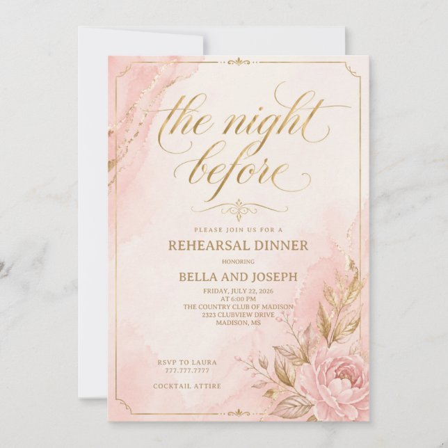 Elegant Blush Pink & Gold Rehearsal Dinner Invite (Front)