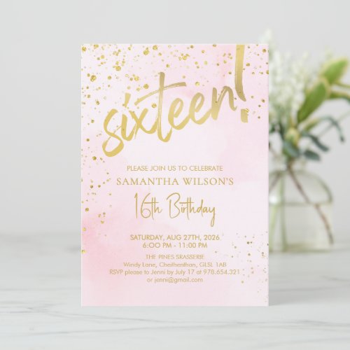 Elegant Blush Pink &amp; Gold Sixteen Birthday Invitation