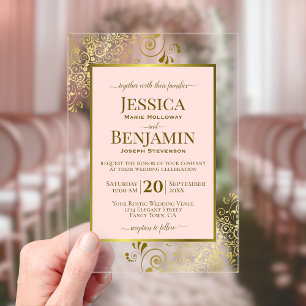Elegant Blush Pink & Gold Stylish Text Wedding Acrylic Invitations