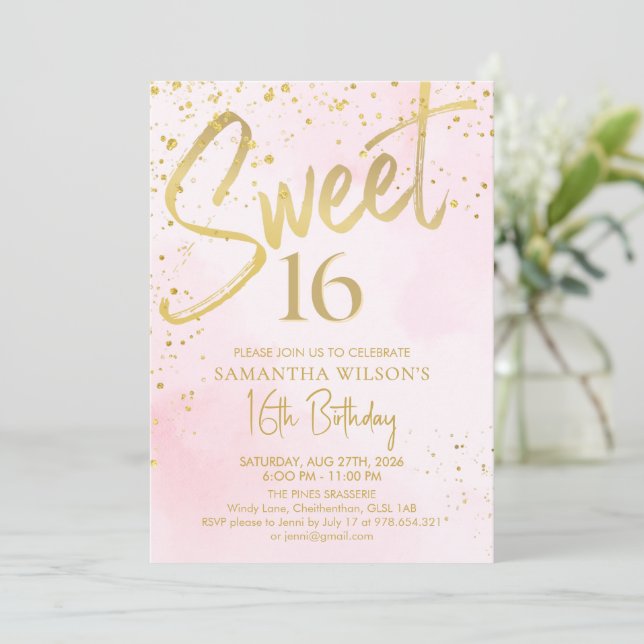 Elegant Blush Pink & Gold Sweet 16 Birthday Invitation (Standing Front)