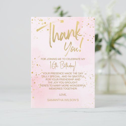 Elegant Blush Pink &amp; Gold Sweet 16 Thank You Card