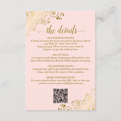 Elegant Blush Pink  Gold Wedding QR Code Details Enclosure Card