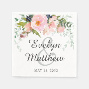 Elegant Blush Pink & Gray Floral Bouquet Wedding Napkins