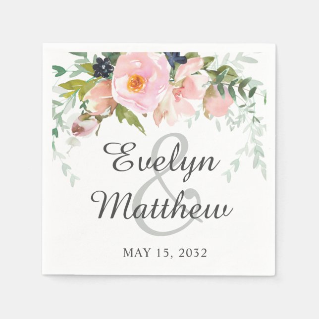 Elegant Blush Pink & Gray Floral Bouquet Wedding Napkins (Front)