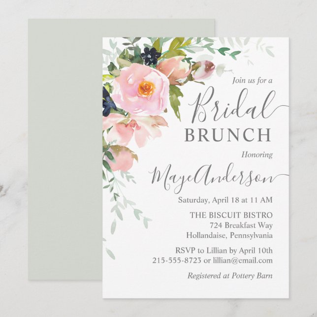 Elegant Blush Pink & Gray Floral Bridal Brunch Invitation (Front/Back)