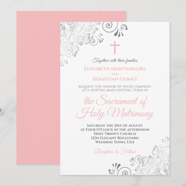 Elegant Blush Pink & Gray Modern Catholic Wedding Invitation (Front/Back)