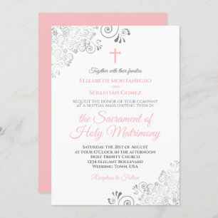 Elegant Blush Pink & Gray Modern Catholic Wedding Invitation