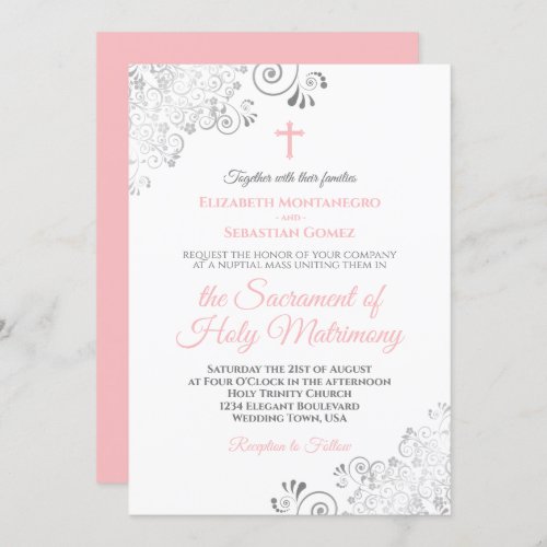 Elegant Blush Pink  Gray Modern Catholic Wedding Invitation