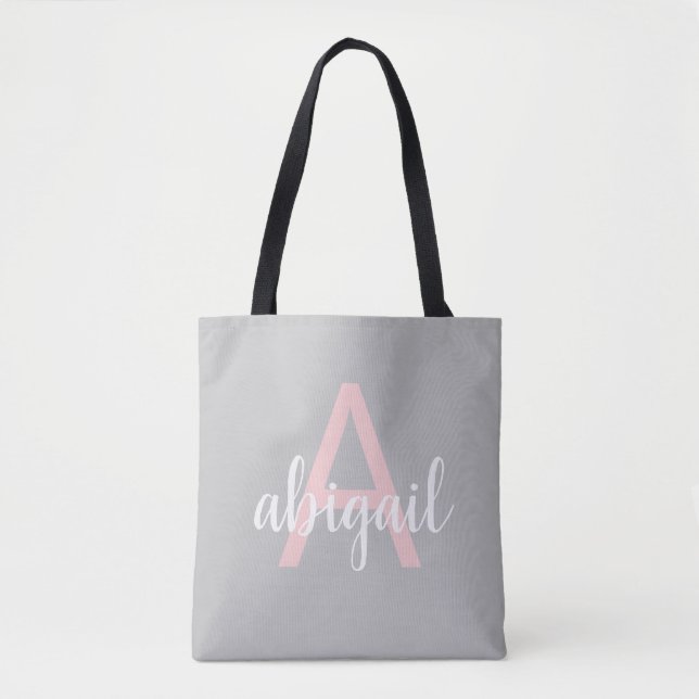 Elegant  Blush Pink Gray Modern Monogram Name Tote Bag (Front)
