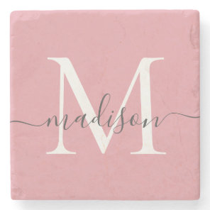 Elegant Blush Pink Gray Monogram Feminine Script Stone Coaster