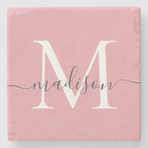 Elegant Blush Pink Gray Monogram Feminine Script Stone Coaster
